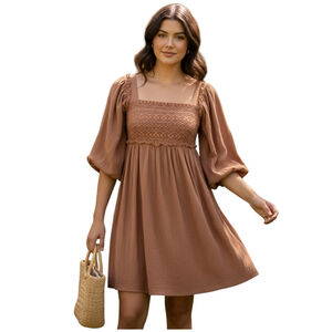Womens Babydoll Dress Brown Boho Bohemian Romantic Cottagecore Feminine Gauze
